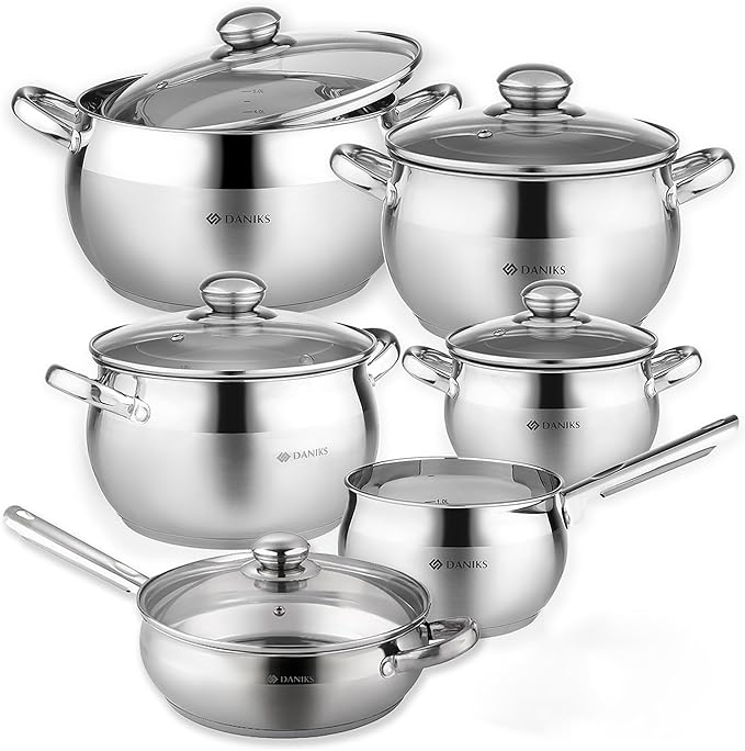 Daniks Classic 11-Piece Stainless Steel Cookware Set with Glass Lids, Includes Saucepan and Frying Pan with Lid, Tri-Ply Bases for Even Heating, Induction Compatible, Dishwasher Safe