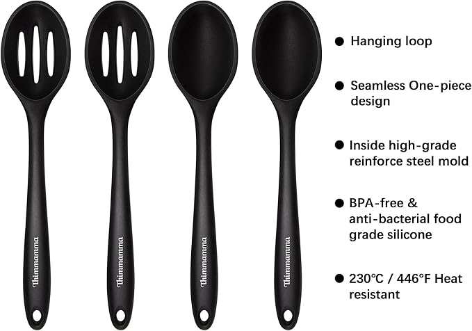 Silicone Cooking Spoon, Nonstick Kitchen Spoons for Cooking, Slotted and Solid Serving Spoon Heat Resistant, Silicone Mixing Spoons Basting for Nonstick Cookware 4 Pack