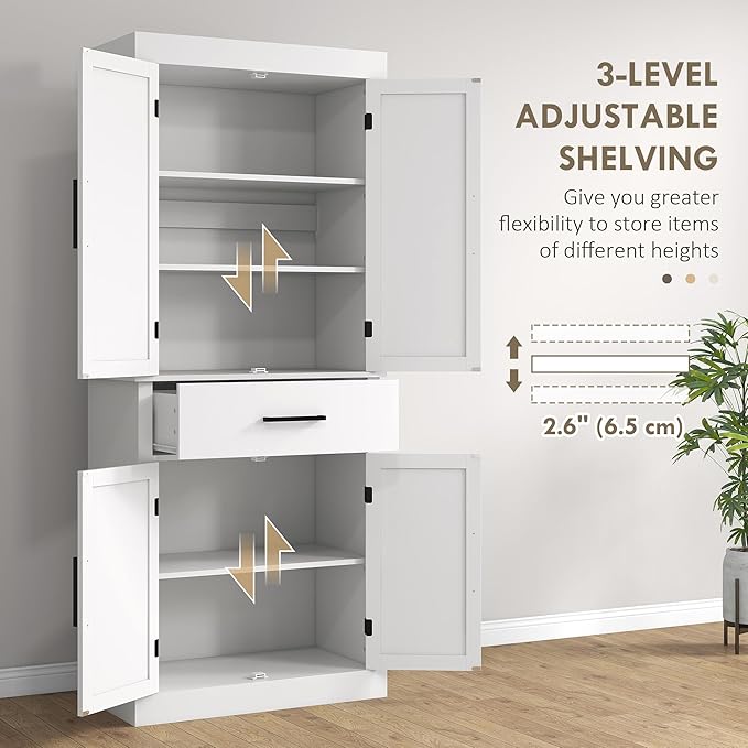HOMCOM 72" Tall Kitchen Pantry Cabinet with Adjustable Shelves, Farmhouse Storage Cabinet with Barn Doors, Drawer and 5-Tier Shelf, Freestanding Cupboard, White