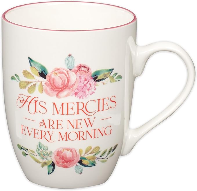 Christian Art Gifts Inspirational Ceramic Coffee & Tea Mug for Women: Mercies are New Every Morning Encouraging Bible Verse, Microwave & Dishwasher Safe Novelty Drinkware, White & Pink Floral 12 oz.