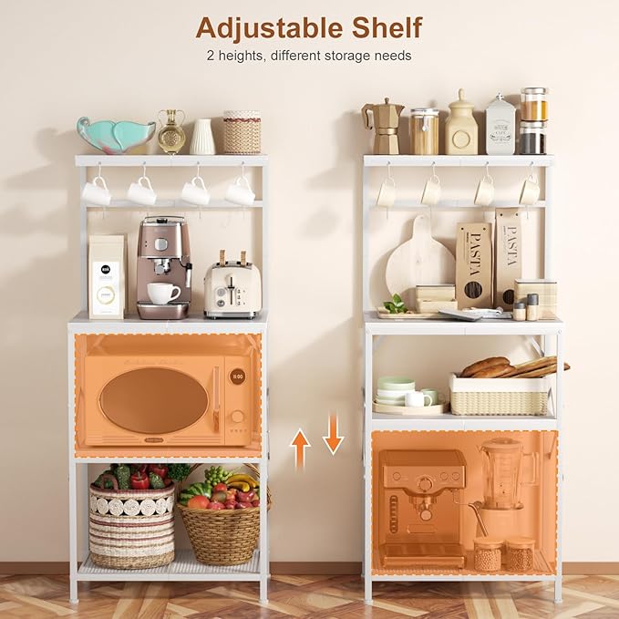 Kitchen Bakers Rack with Storage Shelves, Small Coffee Bar Cart with 8 Hooks, 4 Tiers Microwave Stand Station with Adjustable Shelves, Freestanding Kitchen Appliance Organizer, White