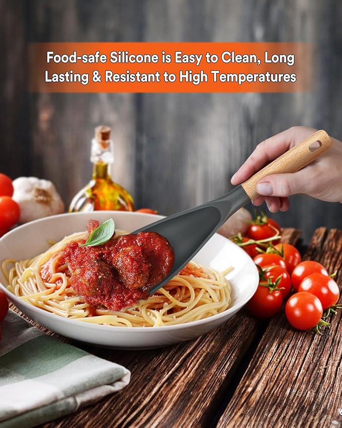 Cooking Spoon for Nonstick Cookwares, Great for Cooking and Serving Sturdy BPA-Free Matte Silicone, Wood Handle Spoon for Mixing, Scoop, and Scrape (GREY)