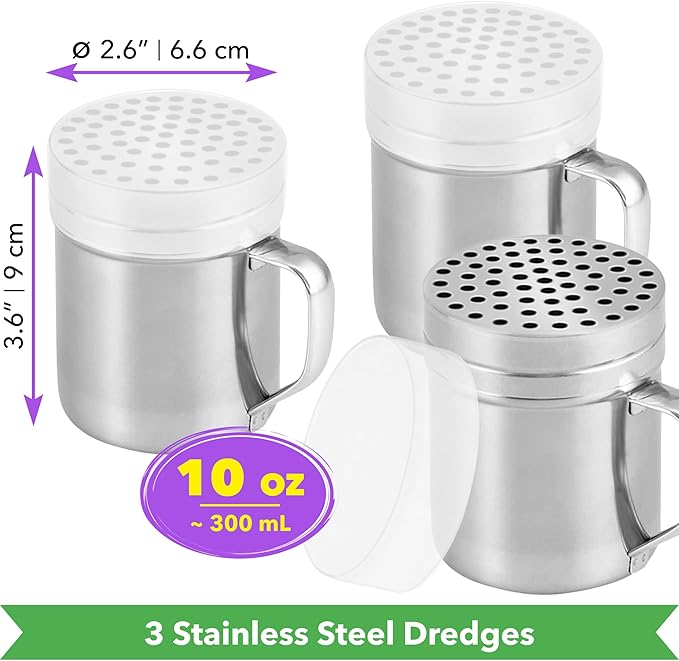 CUSINIUM 10oz Metal Parmesan Cheese Shakers with Large Holes - With Handle - Chili Flakes Dispensers - Pizza Shakers - Pack of 3 | Style: Coarse