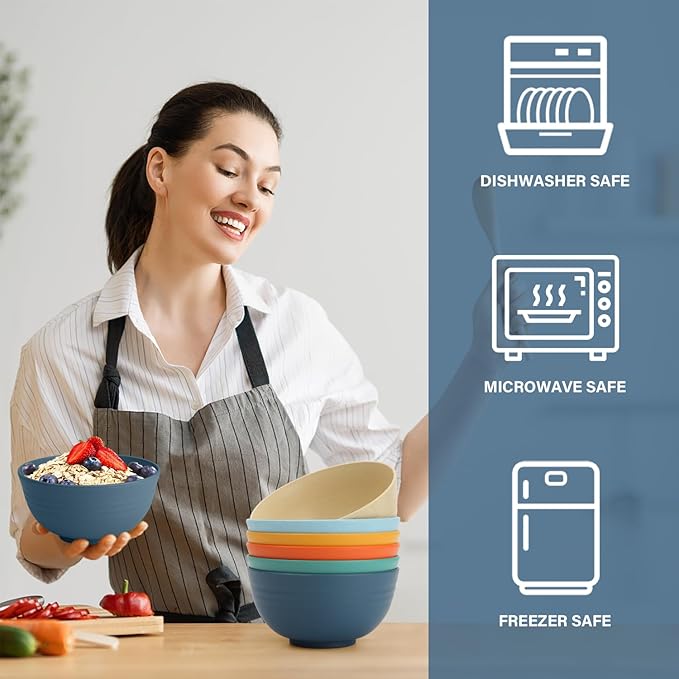 Wheat Straw Bowls - Cereal Bowls Set of 6 | Unbreakable Pastic Bowl Reusable, Dishwashe and Microwave Safe Bowls, Kitchen Bowl for Soup, Salad, Picnic, Camping (Multi Colors)