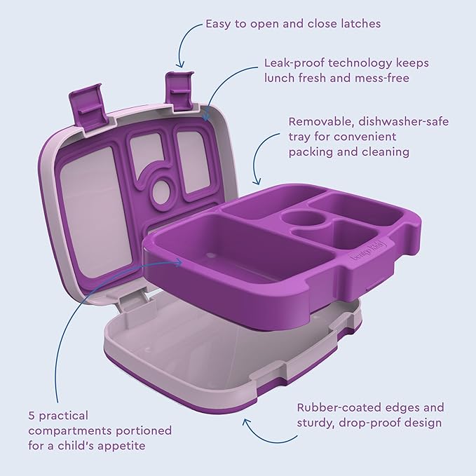 Bentgo Kids Bento-Style 5-Compartment Leak-Proof Lunch Box - Ideal Portion Sizes for Ages 3 to 7 - Durable, Drop-Proof, Dishwasher Safe, PFAS & BPA-Free & Made with Food-Safe Materials (Purple)