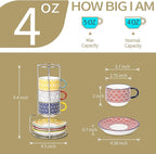 Selamica Ceramic Espresso Cups with Saucers and Metal Stand, 4 OZ Stackable Demitasse Cups for Latte Coffee Café Mocha Tea, Set of 4, Assorted Colors