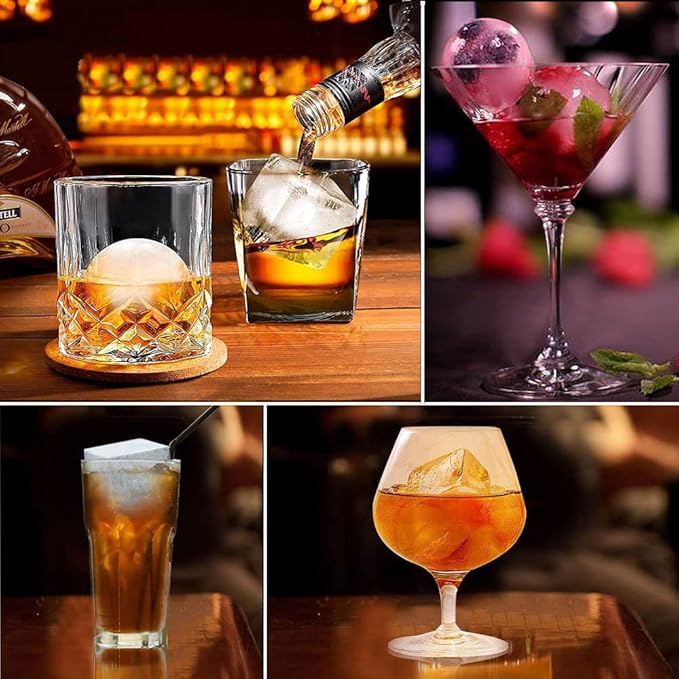 Whiskey Cocktail Ice Mold, Easy Fill and Release Silicone Round Ice Ball Maker Mold Large Square Ice Cube Tray with Lid - 6 Ice Balls + 6 Ice Cubes Black