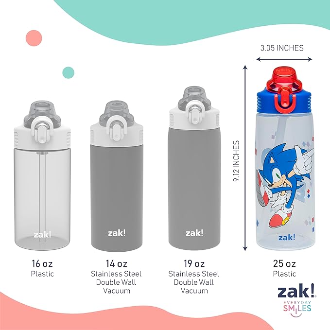 Zak Designs Sonic the Hedgehog Sage Water Bottle For School or Travel, 25oz Durable Plastic Water Bottle With Straw, Handle, and Leak-Proof, Pop-Up Spout Cover (Sonic)
