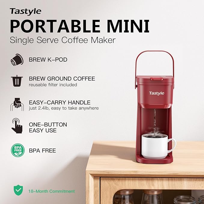 Single Serve One Cup Coffee Maker, for K Cups and Grounds, Mini Coffee Maker with Portable Handle, 6 to 12 Oz Brew Size, for Travel, Camping, Office, RV and Dorm, 120V, Vintage Red