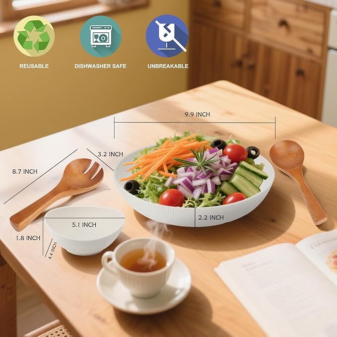 Large Serving Bowls Set 6 Pack- Wheat Straw Salad Bowls 65oz with Wood Salad Servers and 10oz Sauce Bowl- Unbreakable Salad Bowl with Serving Utensils for Party, Family- White