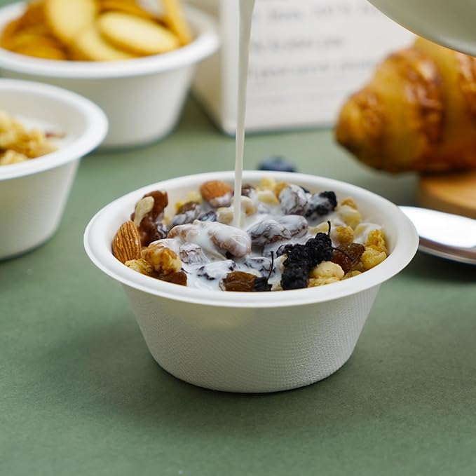 200 Count 8 oz Paper Bowls, Disposable Compostable Bowls, Heavy Duty Biodegradable Sugarcane Bagasse Bowl for Snacks, Fruits, Desserts, White