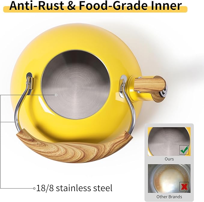 LONFFERY Tea Kettle, 2.5 Quart Whistling Tea Kettle, Tea Pots for Stove Top Food Grade Stainless Steel with Wood Pattern Folding Handle - Yellow