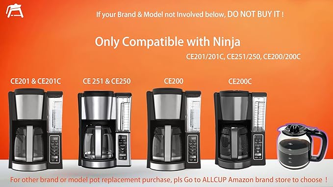12 CUP Replacement Glass Carafe Pot ONLY Compatible with Ninja Coffee Maker CE251 CE250 CE200 CE200C CE201 CE201C series, Ninja Carafe Replacement Part No. # XGLSLID200