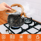 GGC Tea Kettle for Stove Top, Loud Whistling Kettle for Boiling Water Coffee or Milk, 3.1 Quart Stainless Steel Art Line Black Kettle with Wood Pattern Handle, Unique Button Control Kettle Outlet
