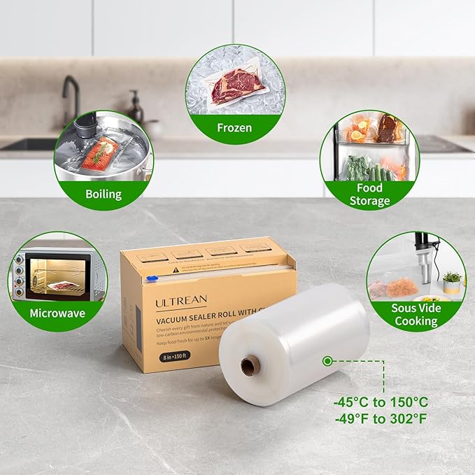 Ultrean 8" x 150' Vacuum Seal Roll Keeper with Cutter, Commercial Grade Vacuum Sealer Bags for Food Saver,BPA Free,Ideal for Storage,Meal Prep and Sous Vide