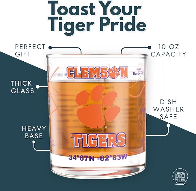 Greenline Goods – University of Clemson Tigers College Whiskey Glasses (Set of 2), 10 oz – Full-Color Logo + Campus Map
