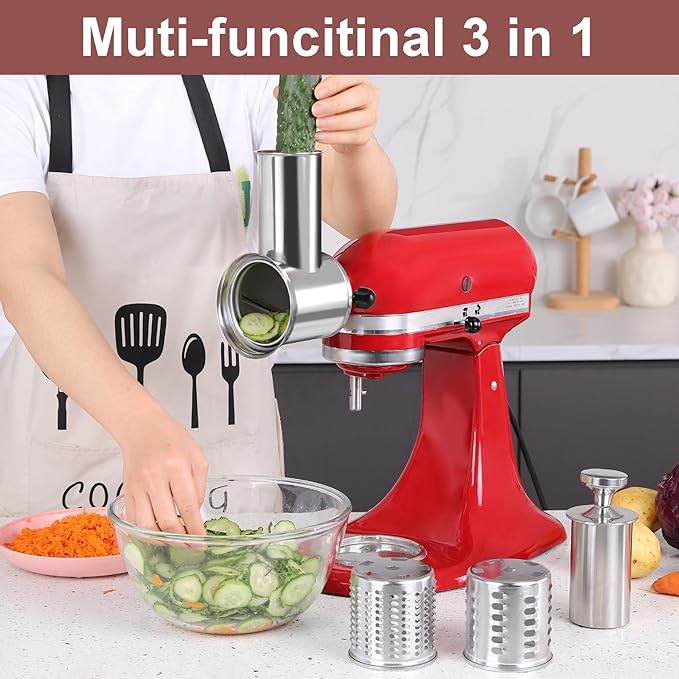 Stainless Steel Slicer Shredder Attachment for KitchenAid Stand Mixer, Large Salad Machine with Vegetable Slicer Cheese Grater Attachments for Kitchen Aid, Dishwasher Safe by Rafbar