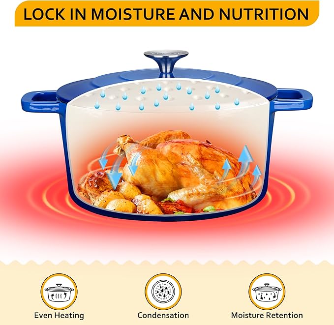 Velaze 6 QT Enameled Dutch Oven Pot with Lid, Cast Iron Dutch Oven with Dual Handles for Sourdough Bread Baking, Cooking, Non-stick Enamel Coated Cookware (Blue)