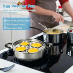 Egg Poacher Pan Nonstick 4 Eggs, Poached Egg Cooker, Poached Egg Pan, Stainless Steel Egg Poacher, Includes Stainless Steel Pot, 4 Cups, Silicone Brush & Spatula, Suitable for Multiple Stove Types