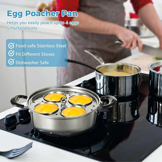 Egg Poacher Pan Nonstick 4 Eggs, Poached Egg Cooker, Poached Egg Pan, Stainless Steel Egg Poacher, Includes Stainless Steel Pot, 4 Cups, Silicone Brush & Spatula, Suitable for Multiple Stove Types