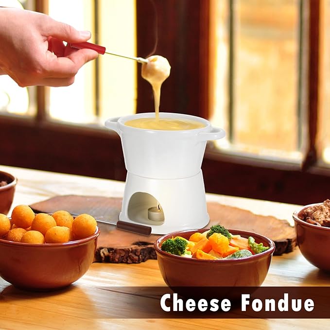 BSTKEY 300ML Ceramic Butter Warmer Set with 2 Forks, White Fondue Pot Melting Pot Set, Melt Hot Pot Bowl Set for Cheese Chocolate Butter Caramel