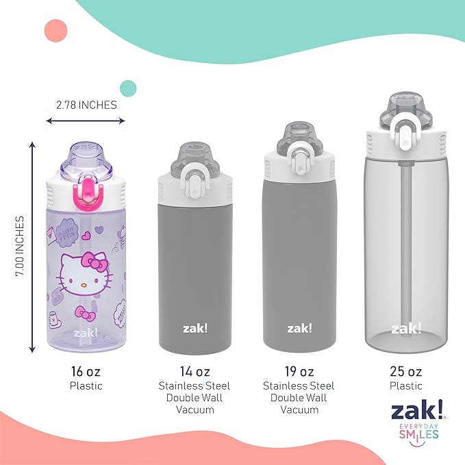 Zak Designs Sanrio Sage Kids Water Bottle For School or Travel, 16oz Durable Plastic Water Bottle With Straw, Handle, and Leak-Proof, Pop-Up Spout Cover (Hello Kitty)