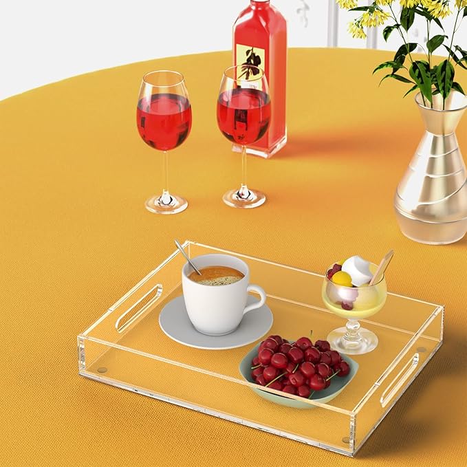 Acrylic Serving Tray with Handles-16x12x2.36Inch-Decorative Tray Letter Tray Organizer for Ottoman Coffee Table Countertop, Clear