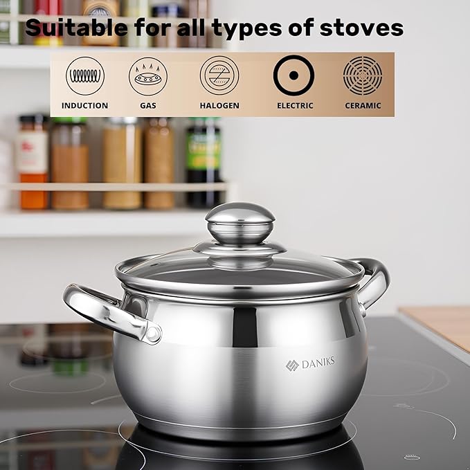 Daniks Classic 2 Quart Stainless Steel Stock Pot with Glass Lid, Tri-Ply Bottom for Even Heating, Induction Compatible, Dishwasher Safe