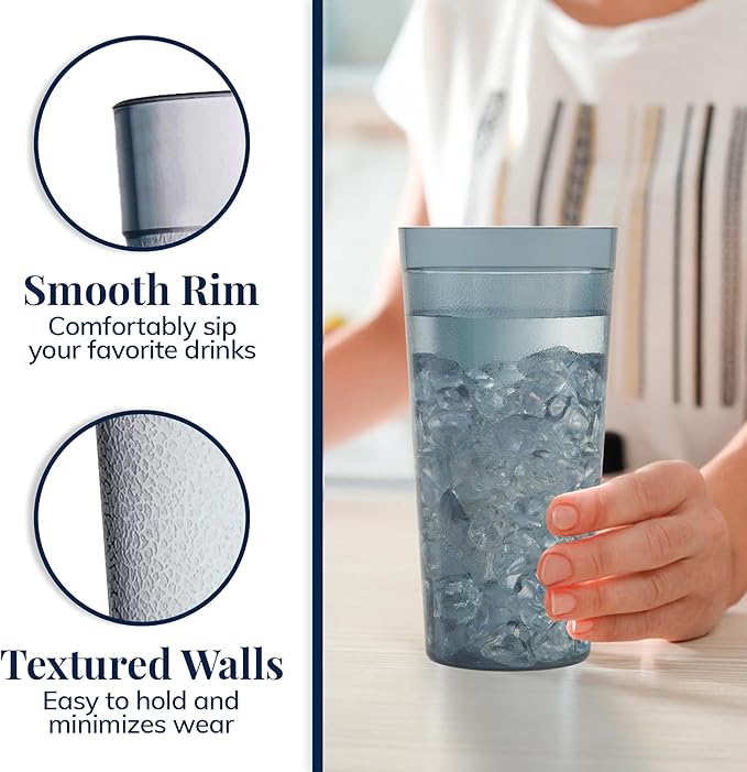 US Acrylic Cafe Plastic Reusable Tumblers (Set of 16) 20-ounce Water Cups in Grey | Value Set of Restaurant Style Drinking Glasses, Stackable, BPA-free, Made in the USA | Top-rack Dishwasher Safe