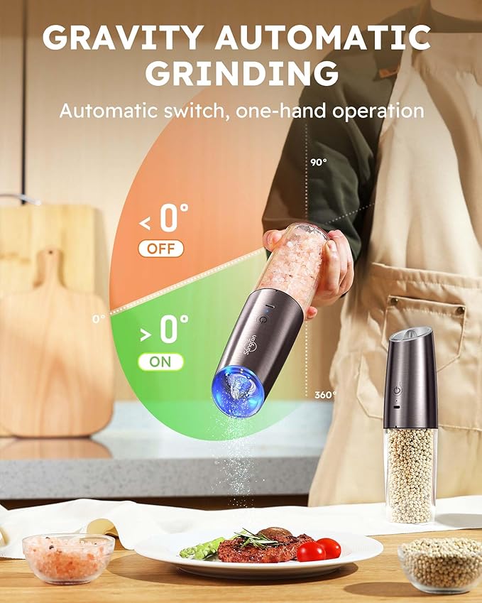 Sangcon Gravity Electric Salt and Pepper Grinder Set Shakers RECHARGEABLE 9OZ XL Capacity USB-C No Battery Needed - LED Light One Hand Operation, Adjustable Coarseness Automatic Mills Set for Gifts