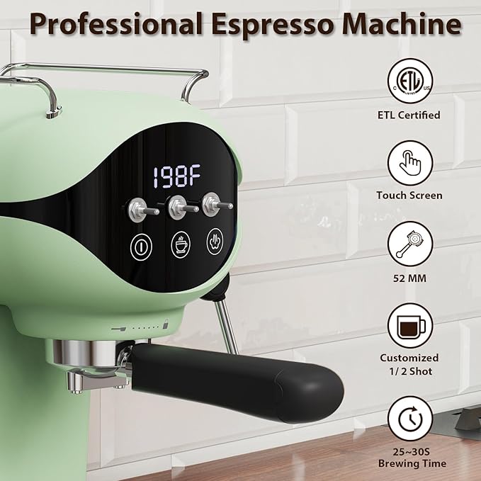 Espresso Machine with Steam Milk Frother Semi Automatic 20 Bar Compact Green with Toggle Switch for home Cafetera Espresso, Latte, Cappuccino, Americano, Macchiato