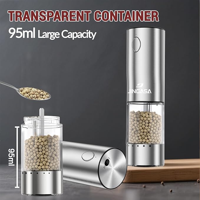[Upgraded Larger Capacity] Electric Salt and Pepper Grinder Set with USB Charging Base, 95ml Large Capacity, Adjustable Coarseness,Stainless Steel Automatic Pepper Mill (Upgraded Adjustment-B)