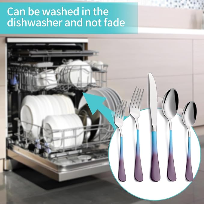 20-Piece Blue and Purple Silverware Set for 4, 18/0 Stainless Steel Flatware Cutlery Utensils Set, Includes Dinner Knives, Forks, Spoons, Salad Forks, Teaspoons, Dishwasher Safe