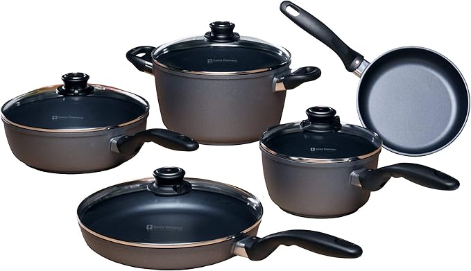 Swiss Diamond Pots and Pans Set Non Stick, Nonstick Cookware Set, Diamond Enforced Aluminum Non Stick Pots and Pan Set with Stainless Steel Handles, Dishwasher and Oven Safe, 9 Pieces, Grey