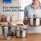 Daniks Standard 6-Piece Stainless Steel Induction Cookware Set, Dishwasher Safe Pots, Measuring Scale, Glass Lids, For Soup, Pasta, Stew, Silver