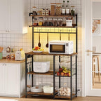HOOBRO Bakers Rack with Power Outlet, 5 Tiers Coffee Bar with LED Light, Microwave Stand with Wire Basket & Wine Holders, Kitchen Storage Shelf with 6 S-Shaped Hooks, Rustic Brown and Black BF21UDHB01
