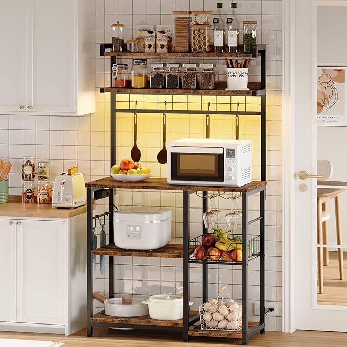 HOOBRO Bakers Rack with Power Outlet, 5 Tiers Coffee Bar with LED Light, Microwave Stand with Wire Basket & Wine Holders, Kitchen Storage Shelf with 6 S-Shaped Hooks, Rustic Brown and Black BF21UDHB01