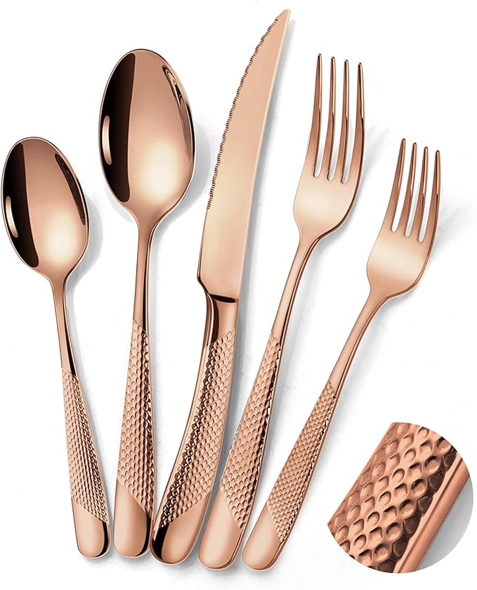 Lemeya 20-Piece Hammered Rose Gold Silverware Set for 4 with Serrated Forging Knives,18/10 Stainless Steel Modern Flatware Set,Unique Cutlery Set Spoons and Forks Set,Mirror Polished,Dishwasher Safe