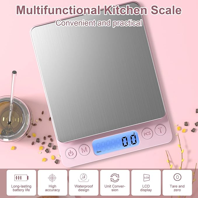 Digital Food Scale for Food Ounces and Grams，YONCON 3000g/0.1gram Accuracy Multifunctional Kitchen Scale for Cooking, Baking | Small Size for Easy Storage | Tare Function, Pink