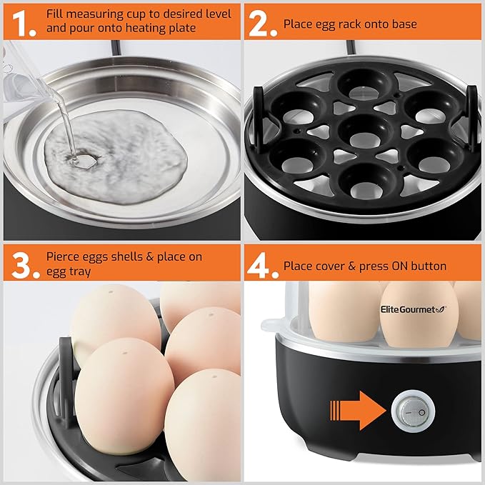 Elite Gourmet EGC115B Easy Egg Cooker Electric 7-Egg Capacity, Soft, Medium, Hard-Boiled Egg Cooker with Auto Shut-Off, Measuring Cup Included, BPA Free, Classic Black