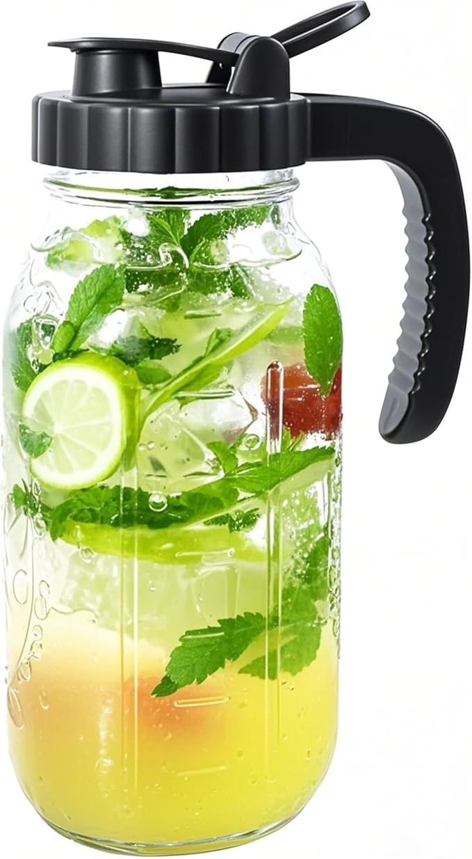 Glass Mason Jars Pitcher With Spout Lids 2 Quart Airtight Breastmilk Pitcher For Fridge Half Gallon Wide Mouth Water Jugs 64 Oz With Top Flip Cap for Cold Coffee, Ice Sun Tea,Lemonade Leakproof