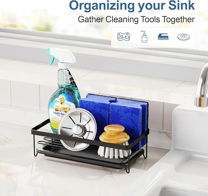 GSlife 2 in Set of Dish Drying Rack and Sink Caddy - Dish Rack for Kitchen Counter with Slots, Utensil Holder, Cup Holder, Cutting Board Holder, Black