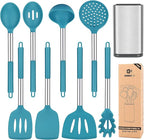 Silicone Cooking Utensil Set, 8Pcs Non-stick Cookware with Stainless Steel Handle, BPA Free Heat Resistant Kitchen Tools with Spatulas, Turners, Spoons, Skimmer and Pasta Fork