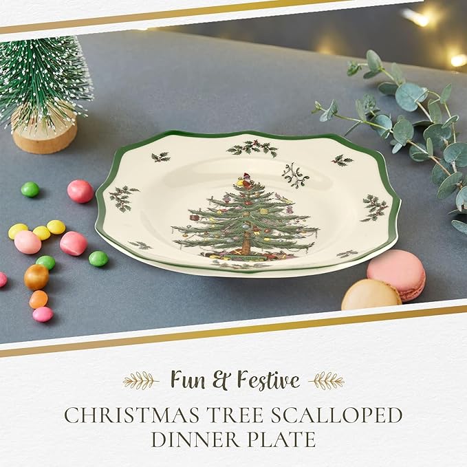 Spode Christmas Tree Scalloped Dinner Plate - Holiday-Themed Stoneware Large Plate - 10.5 Inch Christmas Dinner Dish Featuring Colorful Gifts & Mistletoe Accents - Dishwasher & Microwave Safe