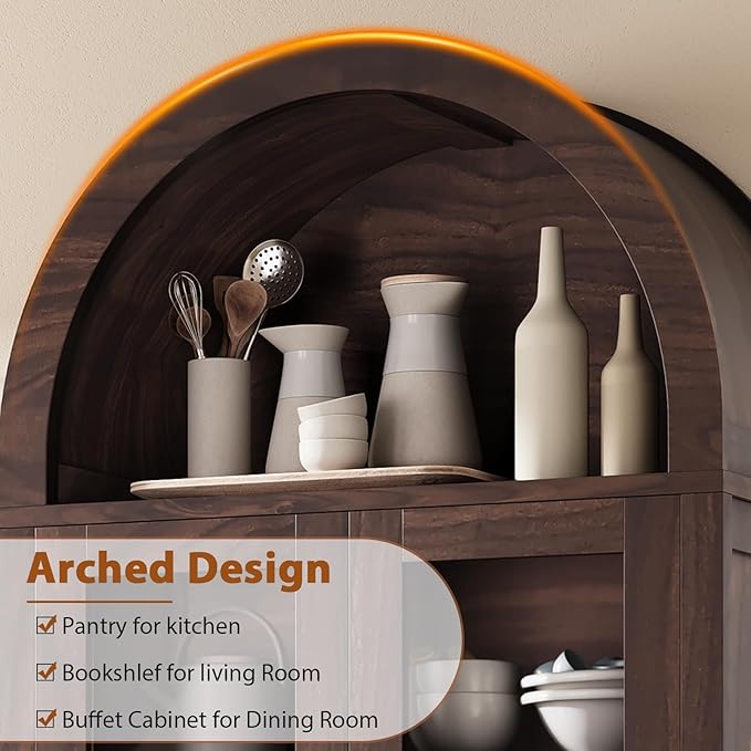 Kitchen Pantry Cabinet, Arched Bookshelf Bookcase China Pantry Storage Cabinet with Drawers Doors and Shelves,71“ Tall Food Pantry Funiture for Living Room,Dining Room (Brown)
