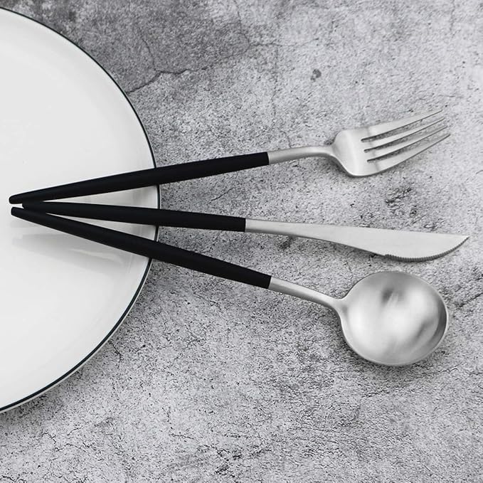 Gugrida 20-Piece 18/10 Stainless Steel Flatware Silverware, Luxury Dinnerware Set Travel Cutlery Tableware Include Knife Fork Spoon Service for 4, Dishwasher Safe (Black Handle Matte Silver)