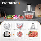 Food Processor, Facelle Meat Grinder 8-Cup Food Chopper Electric Vegetable Chopper 500W With 2L Glass Bowl & 4 Sharp Blades for Meat/Vegetable/Fruit/Nut/Baby Food