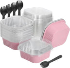 HARFINGTON 40Pack 10oz Disposable Mini Cake Pans with Lids and Spoons Pink Aluminum Foil Square Baking Cupcake Dessert Cups Tin for Birthday Party