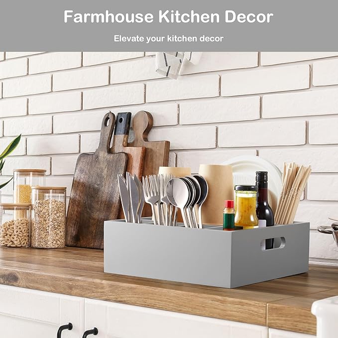 Wood Utensil Holder for Party, 6-Compartment Paper Plate Organizer with Handles, Wooden Silverware Caddy for Picnic, Camping, BBQ, Buffet, and Kitchen Countertop Organization, Gray
