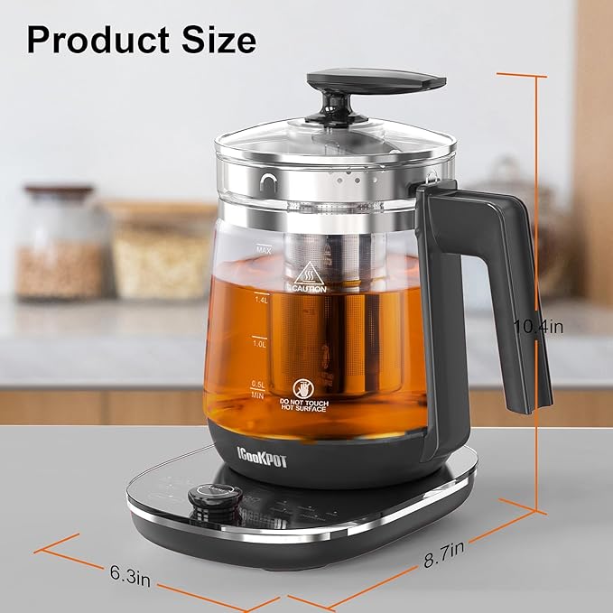 Glass Electric Kettle with Tea Infuser – 1.5L Stainless Steel, 1200W Rapid Boil, Temp & Programmable Control for Teas/Coffee – Black